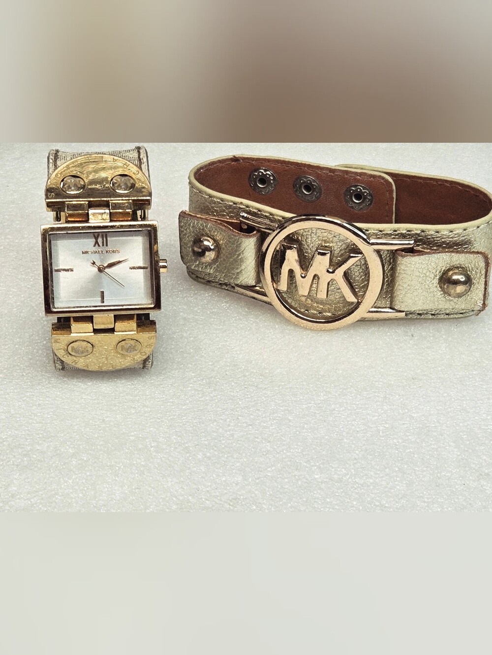 Michael Kors Metallic Gold Leather MK Logo Wrap Watch Bracelet